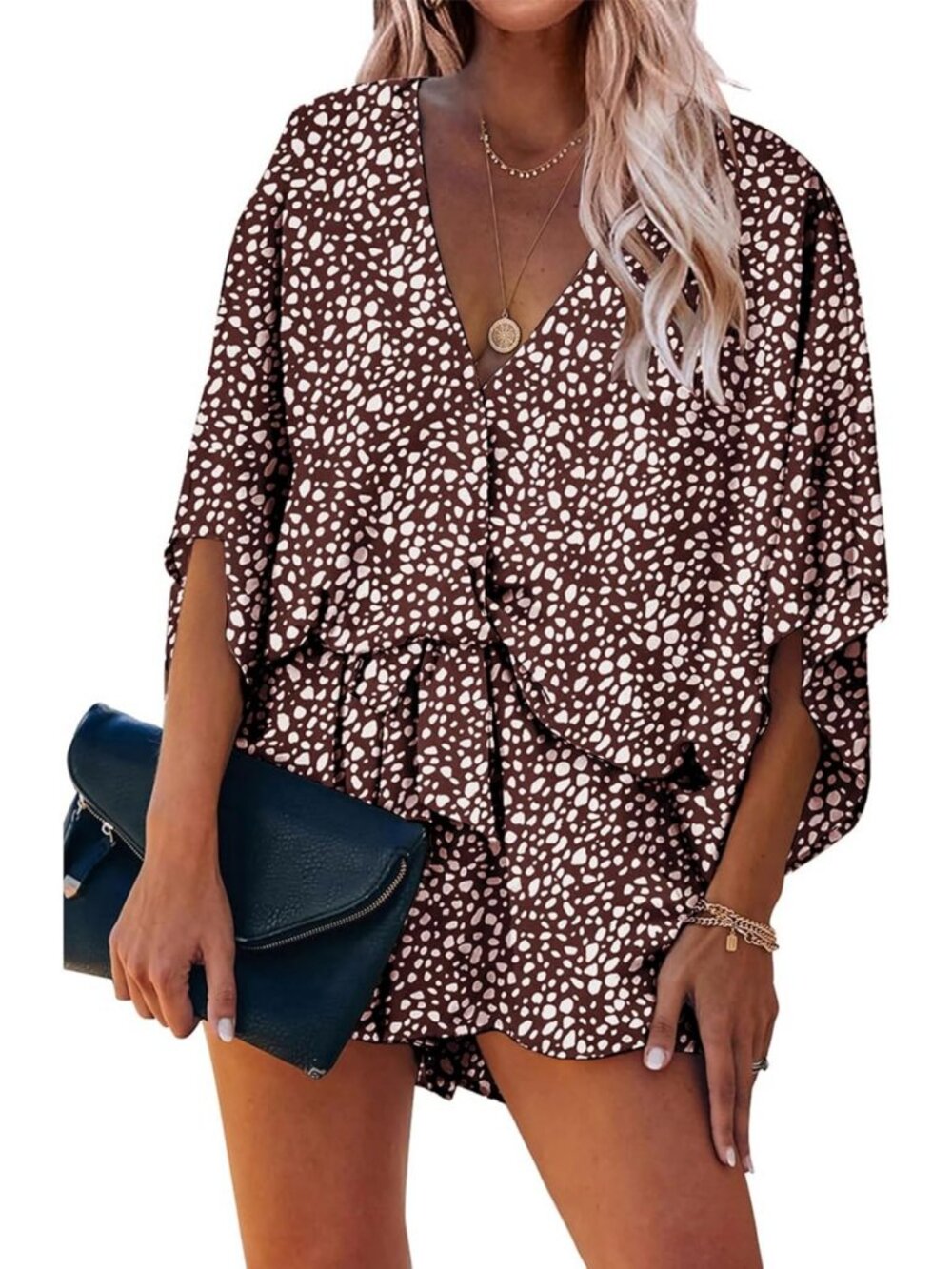 PRETTYGARDEN Women's 3/4 Sleeve V Neck Summer Romper Pockets